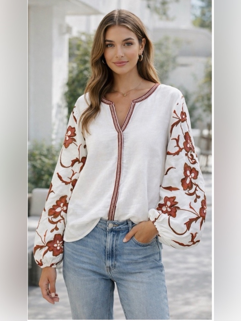 Calypso St. Barth White Peasant Top‎ with Rust Floral Embroidered Sleeves Large